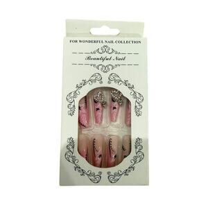 Long Coffin Pink Floral Design with 3D Charms Press On Nails​